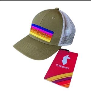 cotopaxi olive and white trucker hat with rainbow patch